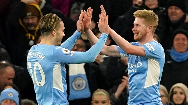 Kevin De Bruyne (centre) celebrates scoring their side's second goal of the game