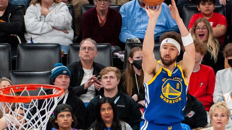 Klay Thompson shoots a three against the Oklahoma City Thunder