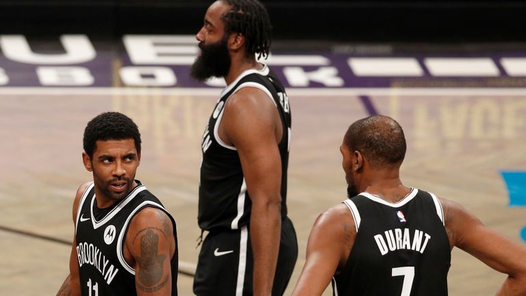 Kyrie Irving, James Harden and Kevin Durant against the at Barclays Center in January 2021