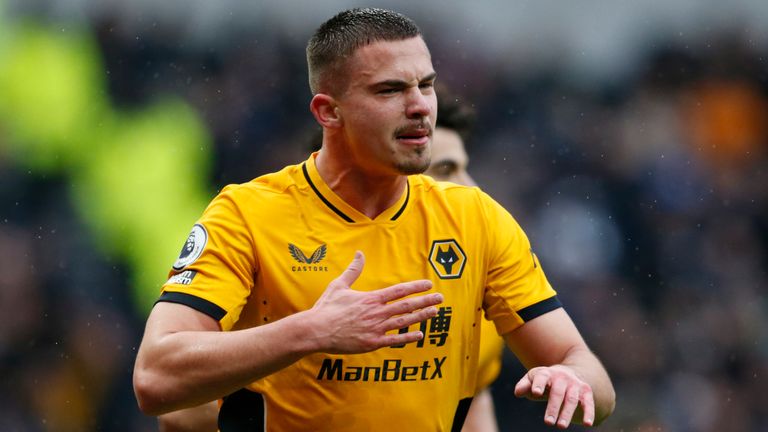 Leander Dendoncker celebrates giving Wolves a 2-0 lead at Tottenham