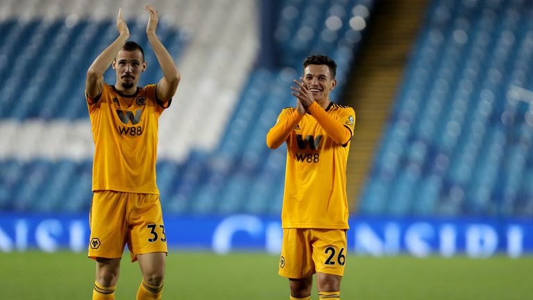 Wolverhampton Wanderers' Leo Bonatini and Pedro Goncalves celebrate the win after the Carabao Cup, second round match at Hillsborough Stadium, Sheffield.