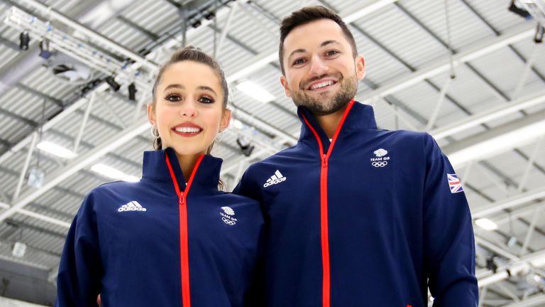 SHEFFIELD, ENGLAND - DECEMBER 06: (L - R) Lilah Fear and Lewis Gibson of Team Great Britain pose for a photograph during a Team GB Figure Skating Photocall at Ice Sheffield on December 06, 2021 in Sheffield, England. (Photo by George Wood/Getty Images)