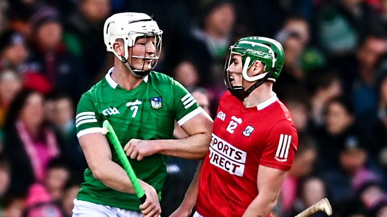 27 February 2022; Kyle Hayes of Limerick tussles with Robbie O...Flynn of Cork during the Allianz Hurling League Division 1 Group A match between Limerick and Cork at TUS Gaelic Grounds in Limerick. Photo by E..in Noonan/Sportsfile