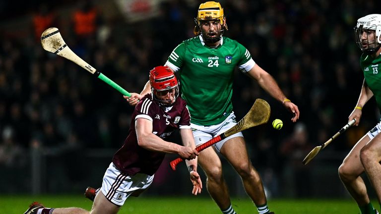 12 February 2022; Padraic Mannion of Galway in action against Tom Morrissey of Limerick during the Allianz Hurling League Division 1 Group A match between Limerick and Galway at TUS Gaelic Grounds in Limerick. Photo by E..in Noonan/Sportsfile