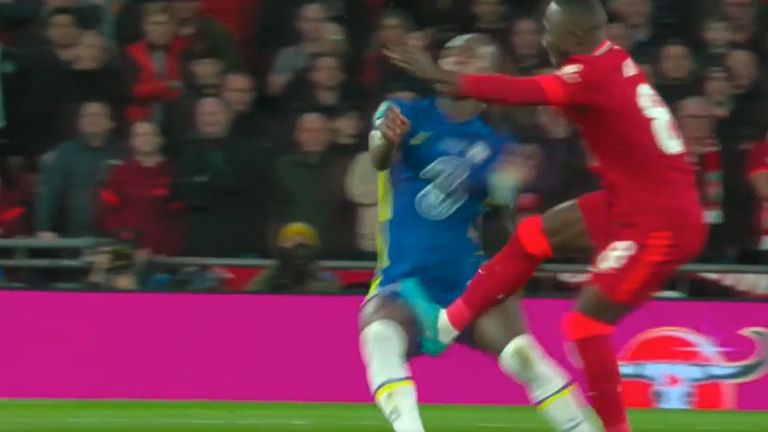 Naby Keita makes contact with Trevoh Calobah's leg