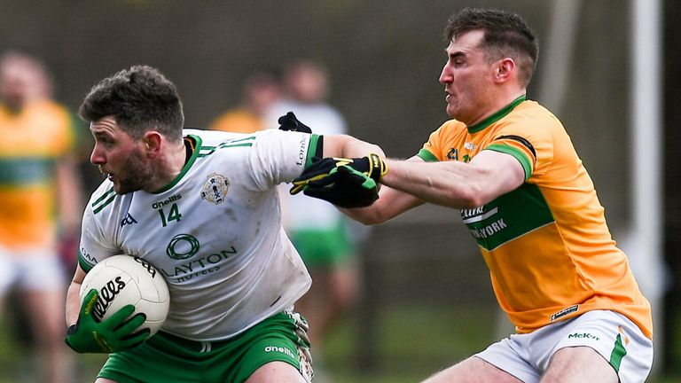 20 February 2022; James Hynes of London in action against Keith Beirne of Leitrim during the Allianz Football League Division 4 match between Leitrim and London at Connacht GAA Centre of Excellence in Bekan, Mayo. Photo by Ben McShane/Sportsfile