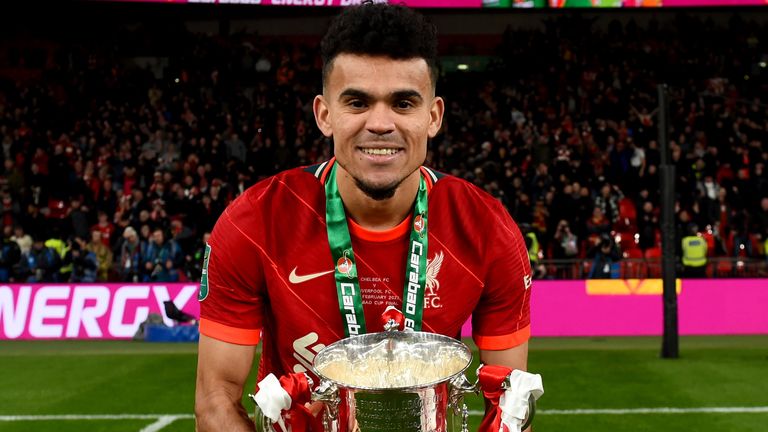 LONDON, ENGLAND - FEBRUARY 27: (THE SUN OUT, THE SUN ON SUNDAY OUT) Luis Diaz of Liverpool of Liverpool with the EFL Carabao Cup trophy at the end of the Carabao Cup Final match between Chelsea and Liverpool at Wembley Stadium on February 27, 2022 in London, England. (Photo by Andrew Powell/Liverpool FC via Getty Images)