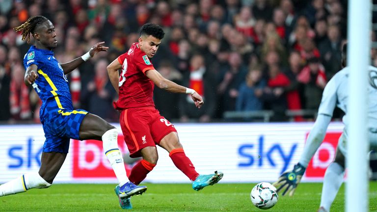 Liverpool&#39;s Luis Diaz attempts a shot on goal during the Carabao Cup final at Wembley Stadium, London. Picture date: Sunday 27th February, 2022.