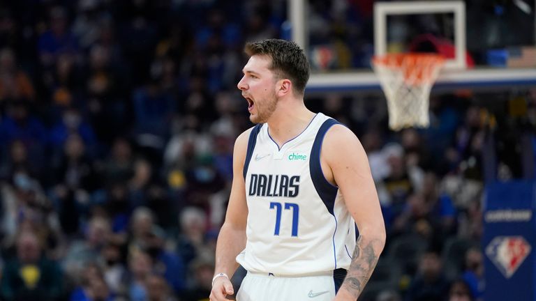 Dallas Mavericks guard Luka Doncic (77) reacts toward officials during the first half of an NBA basketball game against the Golden State Warriors in San Francisco, Sunday, Feb. 27, 2022.