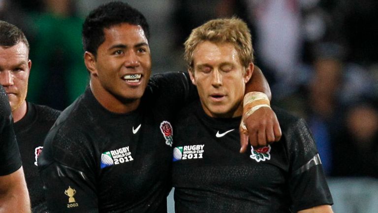 England players from left, Nick Easter, Matt Stevens, Manu Tuilagi, Jonny Wilkinson and Matt Banahan react after defeating Argentina 13-9 in their Rugby World Cup pool B match at the Otago Stadium, in Dunedin New Zealand, Saturday, Sept., 10, 2011. (AP Photo/Alastair Grant)