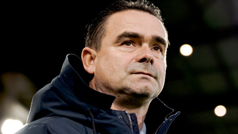 ALMELO, NETHERLANDS - OCTOBER 30: Director Marc Overmars of Ajax during the Dutch Eredivisie match between Heracles Almelo v Ajax at the Polman Stadium on October 30, 2021 in Almelo Netherlands (Photo by Rico Brouwer/Soccrates/Getty Images)