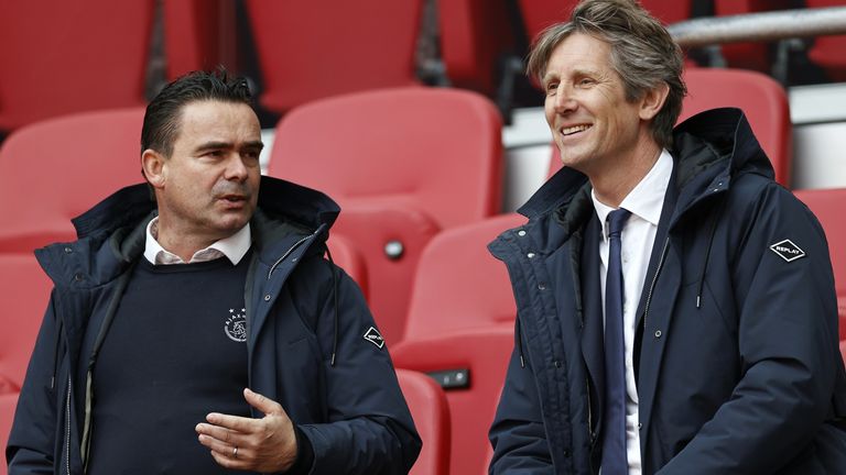 AMSTERDAM - (lr) Ajax technical director Marc Overmars, Ajax general director Edwin van der Sar during the Dutch Eredivisie match between Ajax Amsterdam and FC Emmen in the Johan Cruijff Arena on May 02, 2021 in Amsterdam, The Netherlands. ANP MAURICE VAN STEEN (Photo by ANP Sport via Getty Images)