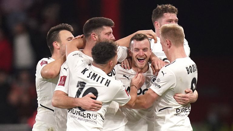 Boreham Wood&#39;s Mark Ricketts (centre) celebrates scoring their side&#39;s first goal of the game