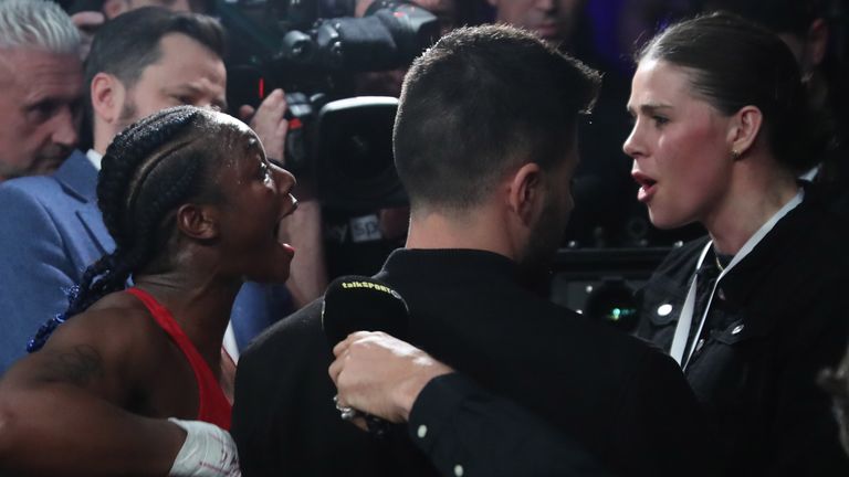 CHRIS EUBANK JR v LIAM WILLIAMS   5-2-2022.MOTORPOINT ARENA,.CARDIFF.WALES.PIC LAWRENCE LUSTIG.WBC/WBA/IBF/WBF FEMALE MIDDLEWEIGHT CHAMPIONSHIP OF THE WORLD.CLARESSA SHIELDS AND SAVANNAH MARSHALL GO AT ONE ANOTHER