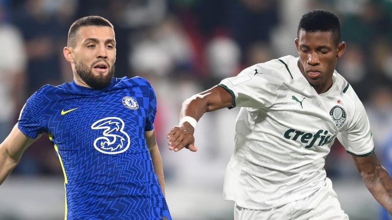Mateo Kovacic of Chelsea runs with the ball from Danilo of Palmeiras 