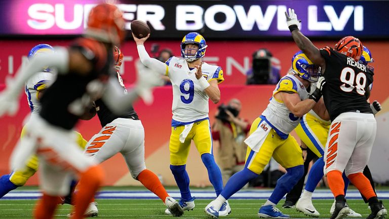 Los Angeles Rams quarterback Matthew Stafford passes against the Cincinnati Bengals during the first half of the NFL Super Bowl LVI
