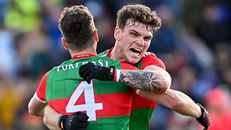 27 February 2022; Jordan Flynn, right, and Michael Plunkett of Mayo celebrate after the Allianz Football League Division 1 match between Mayo and Armagh at Dr Hyde Park in Roscommon. Photo by Ramsey Cardy/Sportsfile