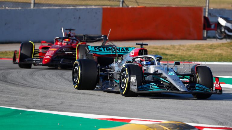 Lewis Hamilton's new team-mate George Russell was at the wheel of the Mercedes with the Ferrari of Charles Leclerc following closely