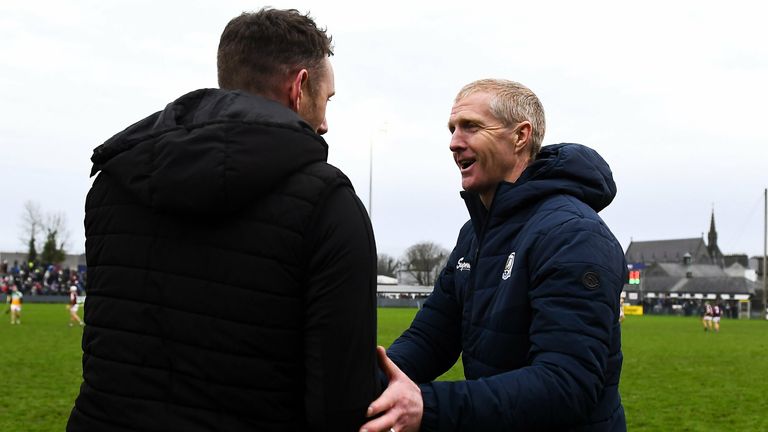 9 January 2022; Galway manager Henry Shefflin and Offaly manager Michael Fennelly shake hands after the Walsh Cup Senior Hurling round 1 match between Galway and Offaly at Duggan Park in Ballinasloe, Galway. Photo by Harry Murphy/Sportsfile