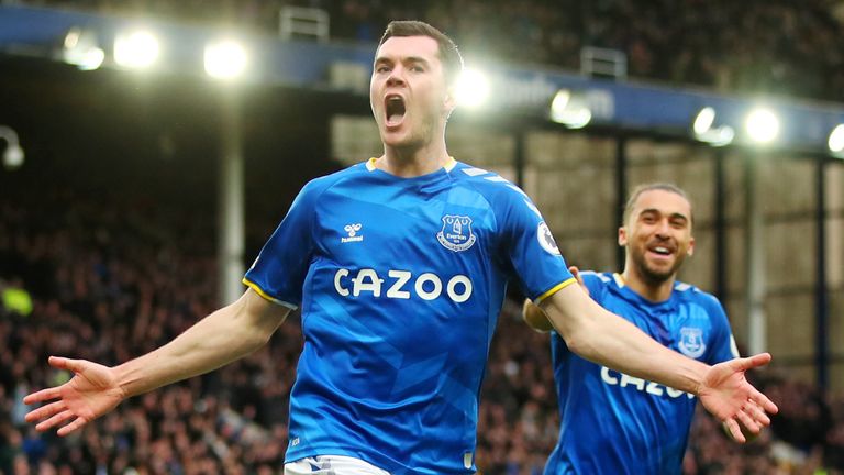 Michael Keane celebrates after putting Everton 2-0 up against Leeds