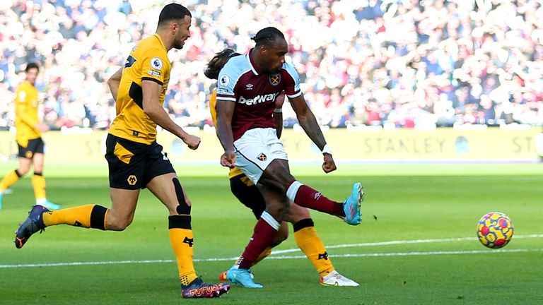 Michail Antonio fires in a shot against Wolves
