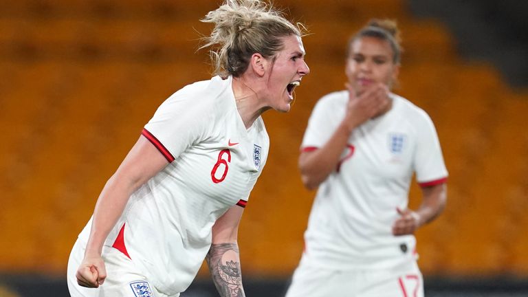 Millie Bright from England celebrates her team's second goal in the match