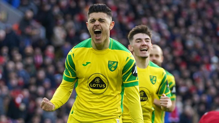 Milot Rashica celebrates after giving Norwich the lead