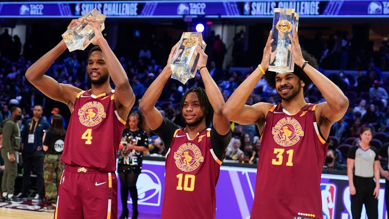Cleveland Cavaliers' Darius Garland (10) celebrates with teammates Evan Mobley (4) and Jarrett Allen as they hold up their trophies after winning the team shooting part during the skills challenge competition, part of NBA All-Star basketball game weekend, Saturday, Feb. 19, 2022, in Cleveland. 
