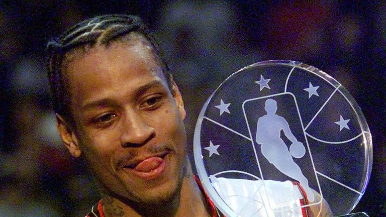 In this Feb. 11, 2001, file photo, Eastern Conference player Allen Iverson, of the Phildadelphia 76ers, holds his MVP trophy at the end of the 50th NBA All-Star Game at the MCI Center, in Washington. This year&#39;s Hall of Fame class includes a star-studded field of potential finalists, including Shaquille O&#39;Neal, Yao Ming and Allen Iverson. That trio should be a lock to get in