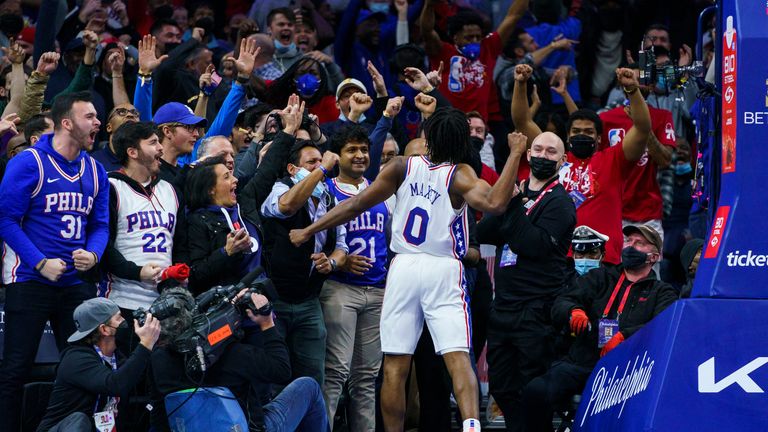 The Philadelphia 76ers' Tyrese Maxey responds by scoring the last thump in overtime in an NBA basketball game against the Memphis Grizzles, Monday, January 31, 2022 in Philadelphia.  The 76ers won 122-119 in overtime.  (AP Photo / Chris Szagola)