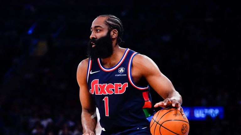 Philadelphia 76ers&#39; James Harden during the first half of an NBA basketball game against the New York Knicks Monday, Feb. 28, 2022, in New York.