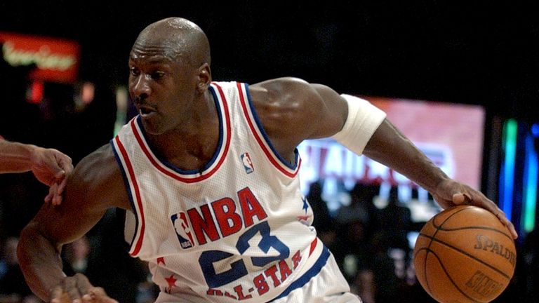 In this Feb. 9, 2003 file photo, Washington Wizards&#39; Michael Jordan, East, moves the ball on the West during first half play of the 2003 NBA All Star Game in Atlanta. Jordan along with John Stockton, David Robinson, Utah Jazz coach Jerry Sloan and Rutgers women&#39;s coach C. Vivian Stringer were all elected to the class of 2009 Basketball Hall of Fame on Monday, April 6, 2009. Induction is Sept. 10-12 in Springfield, Mass., home of the Naismith Memorial Basketball Hall of Fam