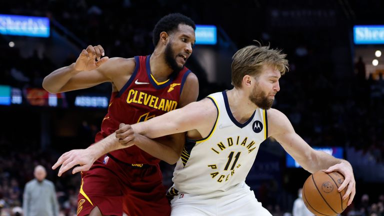 Indiana Pacers&#39; Domantas Sabonis (11) plays against Cleveland Cavaliers&#39; Evan Mobley (4) during the second half of an NBA basketball game, Sunday, Feb 6, 2022, in Cleveland. The Cavaliers defeated the Pacers 98-85