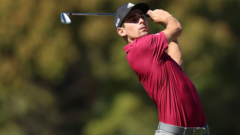 Joaquin Niemann, of Chile, hits his second shot on the first hole during the third round of the Genesis Invitational golf tournament at Riviera Country Club, Saturday,