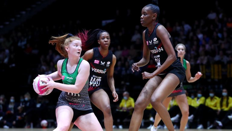 FEBRUARY 06: Shona O'dwyer of Celtic Dragons catches the ball under pressure of Jameela Mccarthy of Saracens Mavericks during the Vitality Netball Superleague 2022 Round 2 match between Celtic Dragons and Saracens Mavericks at Resorts World Arena on February 06, 2022 in Birmingham, England. 