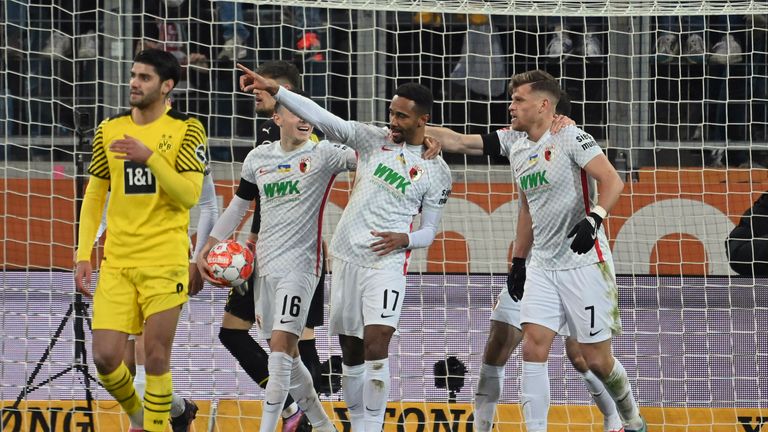 Noah Sarenren Bazee's goal moved Augsburg above Hertha Berlin on goal difference