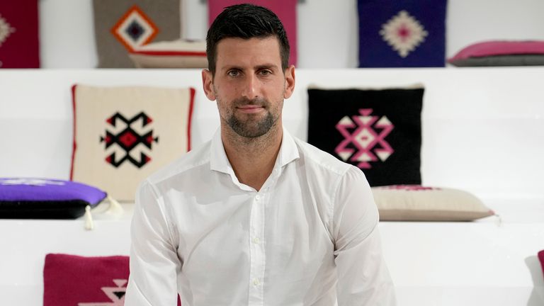 Serbian tennis star Novak Djokovic poses for a photo after his presentation of the Novak Djokovic foundation in the Serbia pavilion at Dubai Expo 2020, in Dubai, United Arab Emirates, Thursday, Feb. 17, 2022. Djokovic on Thursday received a warm welcome in Dubai, where he visited the world&#39;s fair following the global drama around his decision to remain unvaccinated. (AP Photo/Ebrahim Noroozi)