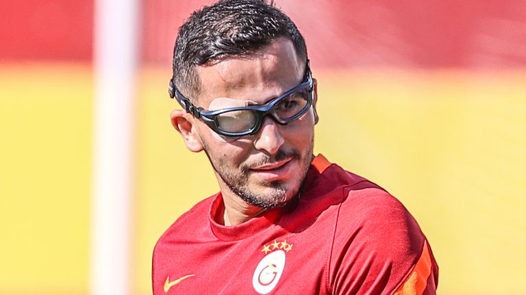 ISTANBUL, TURKEY - JULY 09: Players of Galatasaray attend a training session at Florya Metin Oktay Facilities within the new season preparations in Istanbul, Turkey on July 09, 2021. Galatasaray's Norwegian player Omar Elabdellaoui, who was injured in his eyes due to a firework accident on New Year's Eve, also participated in the training. (Photo by Emrah Yorulmaz/Anadolu Agency via Getty Images)