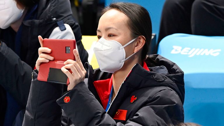 Chinese tennis player Peng Shuai is pictured at the venue of Beijing Olympic figure skating team event competition in the Chinese capital on Feb. 7, 2022. (Kyodo via AP Images) ==Kyodo