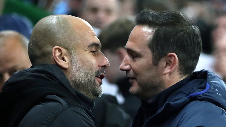 Manchester City manager Pep Guardiola (left) and Chelsea manger Frank Lampard greet each other ahead of the match during the Premier League match at the Etihad Stadium, Manchester.