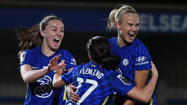 Chelsea's Pernille Harder celebrates with Jessie Fleming and Niamh Charles 