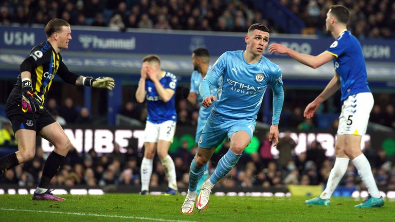 Phil Foden celebrates scoring late on for Man City