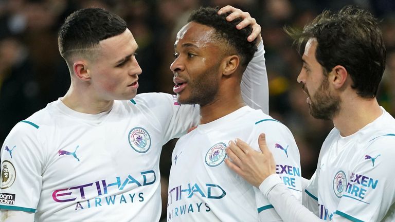 Phil Foden and Raheem Sterling celebrate at Carrow Road