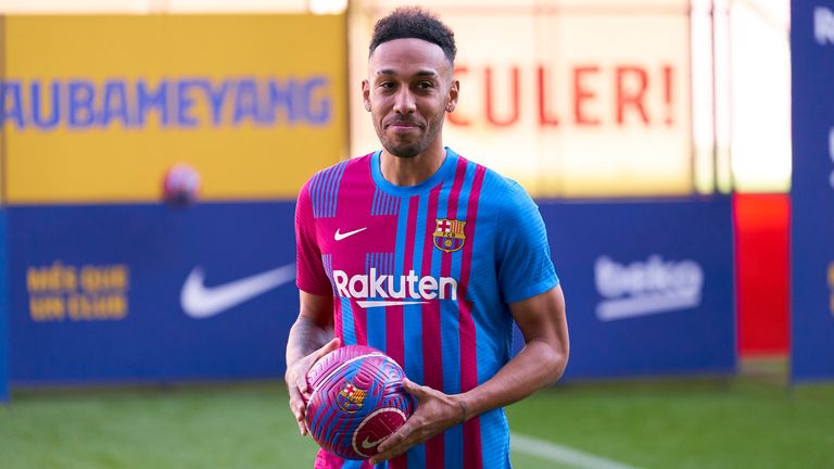 Pierre-Emerick Aubameyang poses for the media as he is presented as a FC Barcelona player at Nou Camp                 