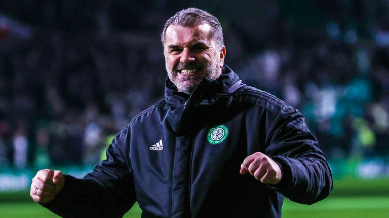 GLASGOW, SCOTLAND - FEBRUARY 02: Celtic Manager Ange Postecoglou celebrates during a cinch Premiership match between Celtic and Rangers at Celtic Park, on February 02, 2022, in Glasgow, Scotland. (Photo by Alan Harvey / SNS Group)