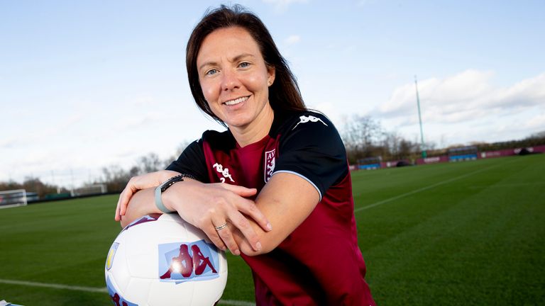 New Signing Rachel Corsie of Aston Villa poses for a picture at Bodymoor Heath training ground on January 27, 2022 in Birmingham, England