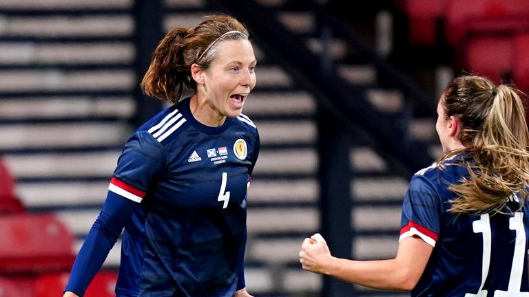 Scotland&#39;s Rachel Corsie (left) celebrates scoring against Hungary during the FIFA Women&#39;s World Cup 2023 qualifying match at Hampden Park
