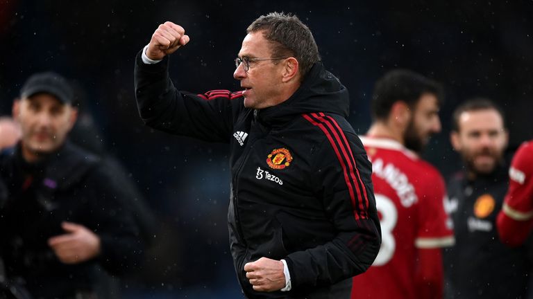 Ralf Rangnick celebrates Man Utd's win at Leeds