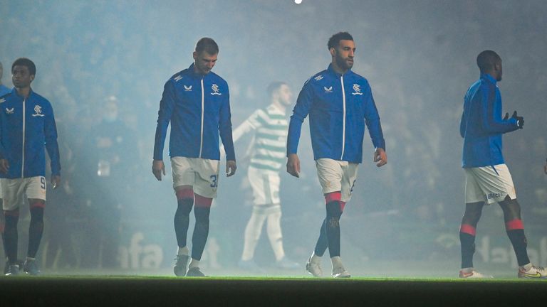 GLASGOW, SCOTLAND - FEBRUARY 02: The Rangers players enter the field during a cinch Premiership match between Celtic and Rangers at Celtic Park, on February 02, 2022, in Glasgow, Scotland. (Photo by Rob Casey / SNS Group)