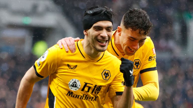 Raul Jimenez celebrates after giving Wolves the lead at Tottenham